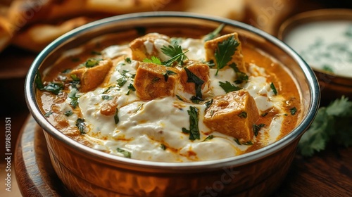 Mutter paneer in a bowl filled with cream cheese-style dip