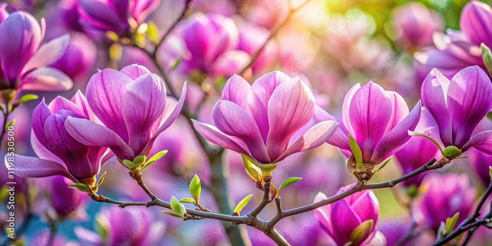Close-up of Purple Magnolia Blossoms, Spring Flowers, Blooming Branches, Nature Photography