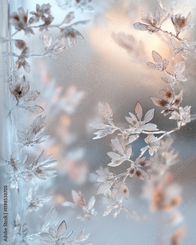 Fototapeta premium Delicate Frosted Leaves on Glass, Abstract Winter Pattern.