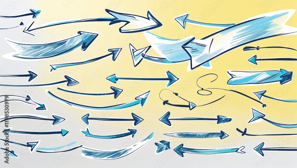 A transparent series of hand-drawn chalk arrows with playful curves and sharp turns, featuring a light pastel yellow background, visually balanced and soft, 32k, full ultra HD, (9).eps