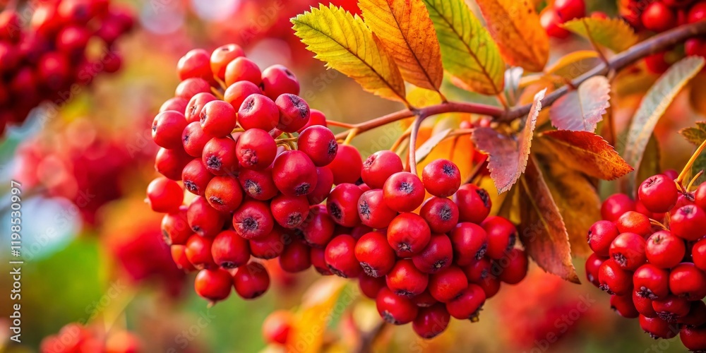 Close-up of Vibrant Red Sorbus Aria Berries in Autumn Foliage - October Harvest Close-up of Vibrant Red Sorbus Aria Berries in Autumn Foliage - October Harvest