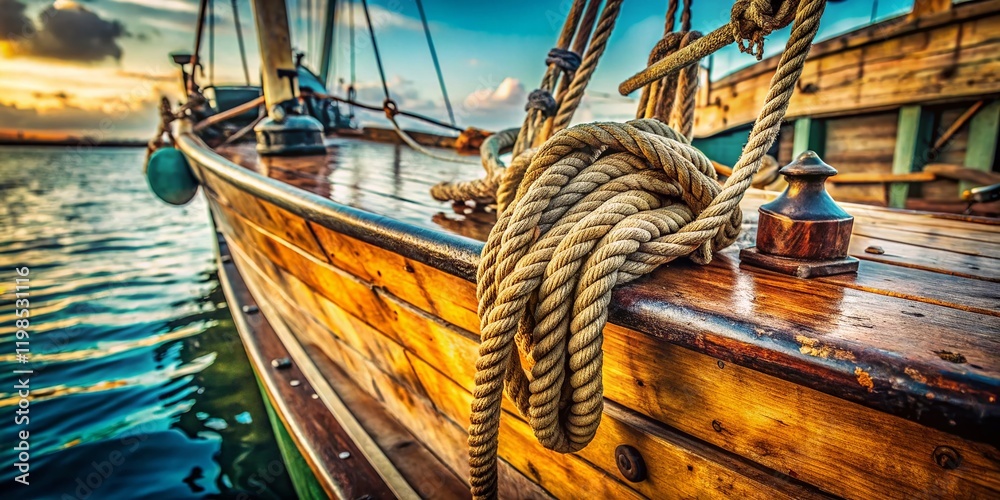 Obraz premium Close-up of weathered sailboat bow, nautical rope detail, aged wood texture, documentary photography style.