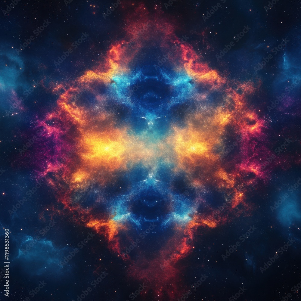 Fototapeta premium Symmetrical Abstract Space Nebula with Vibrant Colors, Starry Background and Glowing Plasma Effects.