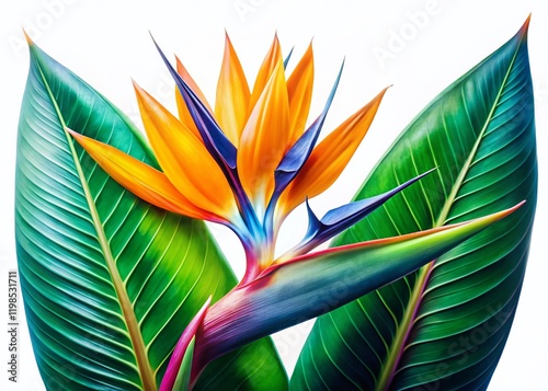 Close-up Surreal Strelitzia Reginae Bird of Paradise Flower and Leaves Isolated on White Background