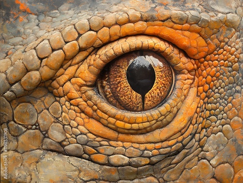 A detailed close-up of a reptile's eye, showcasing its intricate scaly skin and intense gaze.
