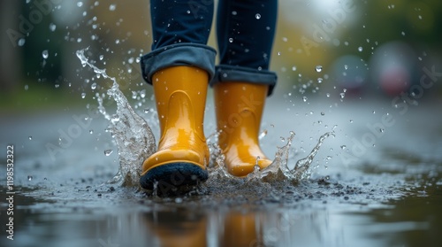 Close-up of rain boots splashing in a puddle, water droplets captured mid-air