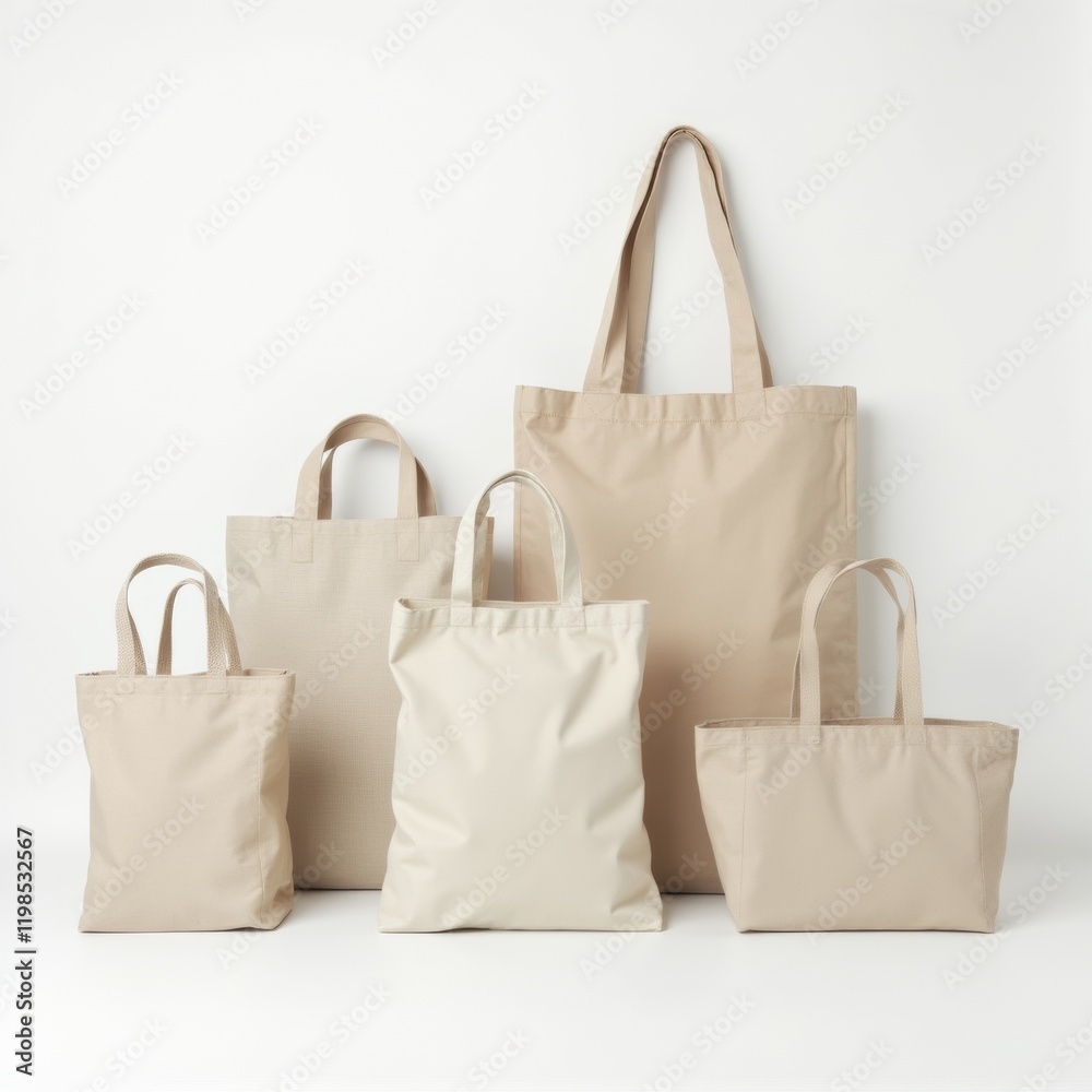 Neatly arranged eco-friendly reusable bags in neutral tones, displayed on a white background in a clean and minimalistic style. Neatly arranged eco-friendly reusable bags in neutral tones, displayed on a white background in a clean and minimalistic style.