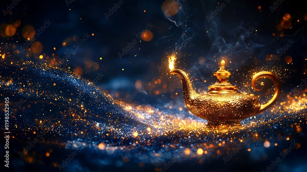 Fototapeta premium A magical golden lamp sits on sparkling glitter, smoke and fire rising from it. Arabian Nights vibes.