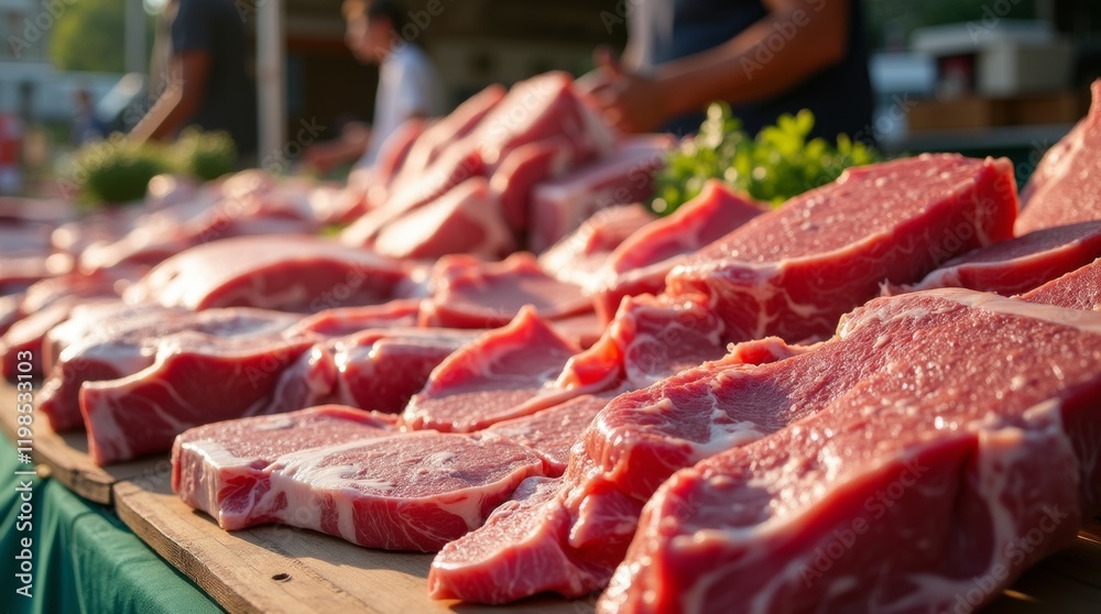Raw local meat cuts displayed on a butcher's stall at an outdoor farmers' market under bright daylight, fresh and ready for customers in a natural setting. Raw local meat cuts displayed on a butcher's stall at an outdoor farmers' market under bright daylight, fresh and ready for customers in a natural setting.