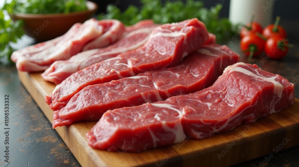 A variety of fresh local meat cuts displayed on a wooden butcher block, with bright lighting emphasizing the marbled textures in an organic presentation. A variety of fresh local meat cuts displayed on a wooden butcher block, with bright lighting emphasizing the marbled textures in an organic presentation.