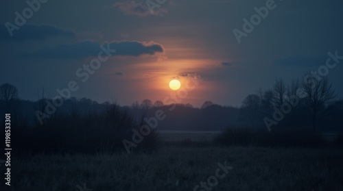 The full moon in March rising over a quiet landscape
