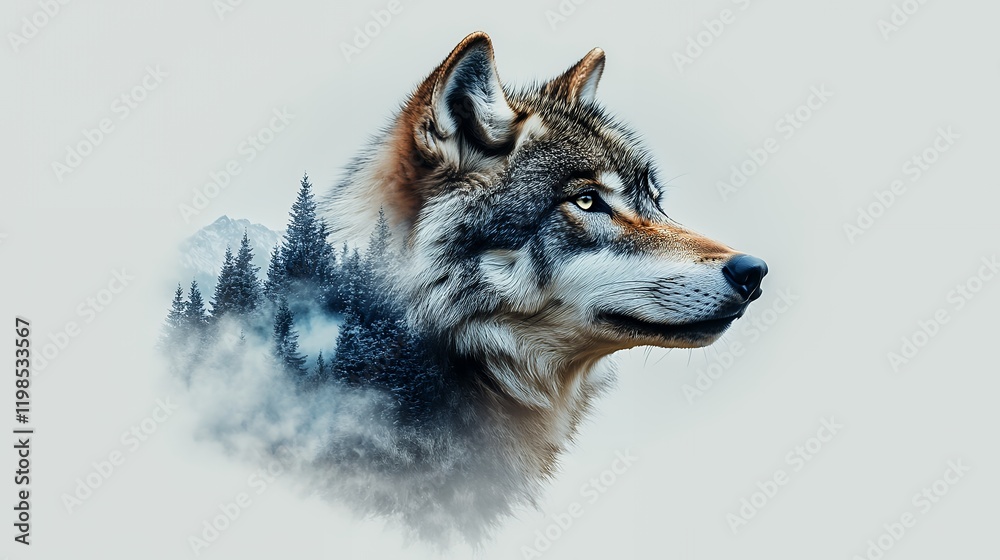 custom made wallpaper toronto digitalA stunning double exposure image showcasing a majestic wolf against a backdrop of a snowy winter forest and mountains. The scene is peaceful and serene.
