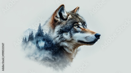Wallpaper Mural A stunning double exposure image showcasing a majestic wolf against a backdrop of a snowy winter forest and mountains. The scene is peaceful and serene. Torontodigital.ca