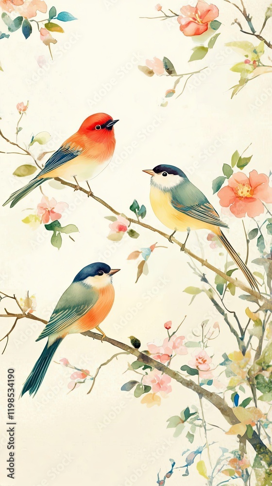 Obraz premium Watercolor Painting of Three Birds Perched on Blooming Branches