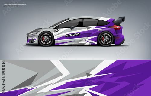 Sporty Car branding mockup with racing wrap decal or livery design, Hatchback wrap purple livery design