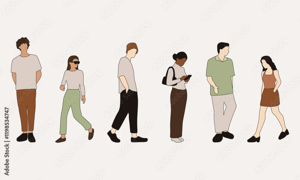 Obraz premium flat minimal people male and female vector illustration in spring summer clothing with outline concept isolated set collection. For architecture rendering, graphic design, info graphic, media