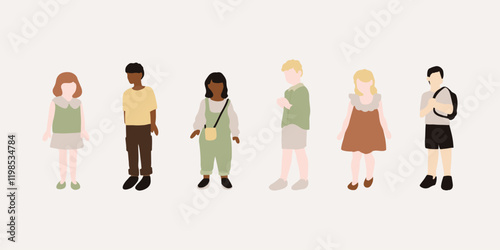 flat minimal children male and female vector illustration in summer spring clothing concept isolated set collection. For architecture rendering, graphic design, info graphic, media