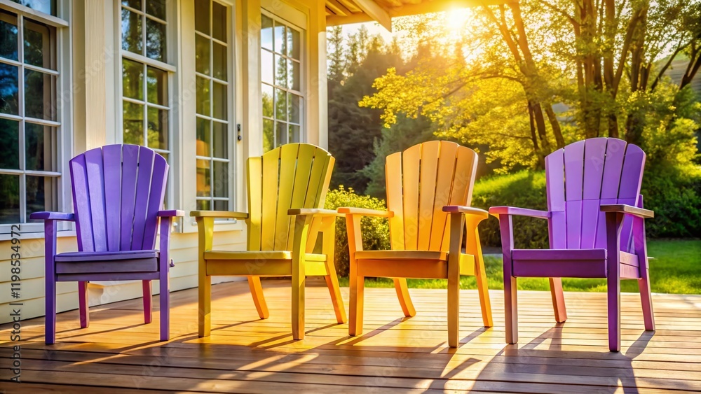 Fototapeta premium Colorful Porch Chairs: Yellow, Lilac, Purple, & Orange Outdoor Seating
