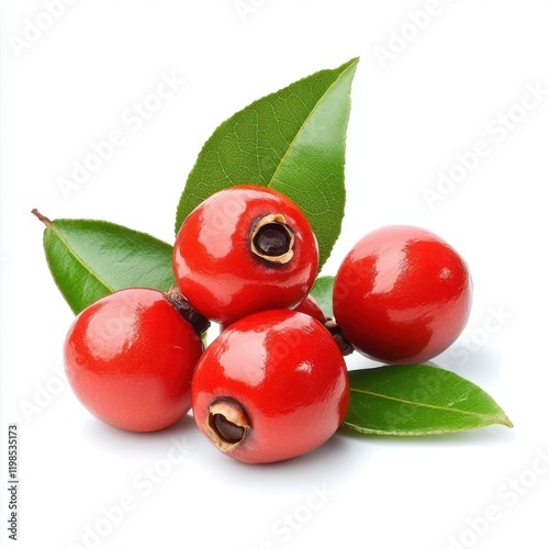 Red guarana with leaves isolated on white background