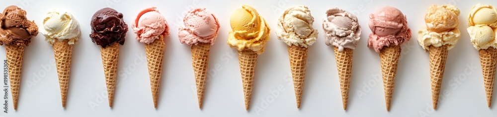 Row of ice cream cones with various flavors. Row of ice cream cones with various flavors.