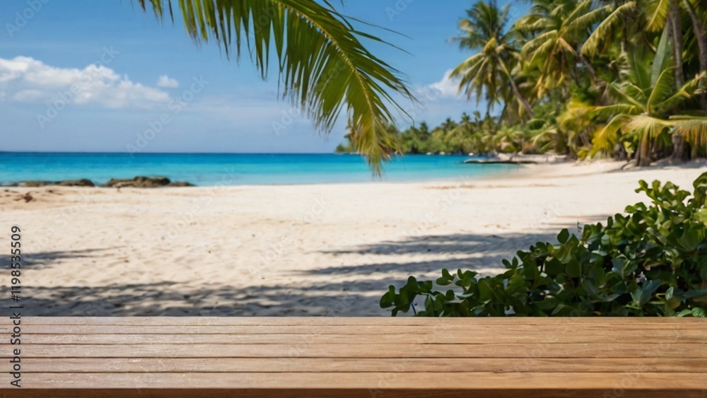 Empty wood table top on tropical beach setting with a blurred background. The focus is on the table surface. Empty wood table top on tropical beach setting with a blurred background. The focus is on the table surface.