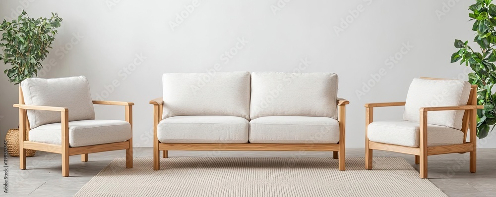 Living room interior idea. Stylish and modern living room furniture set with elegant design and natural wood accents. Living room interior idea. Stylish and modern living room furniture set with elegant design and natural wood accents.