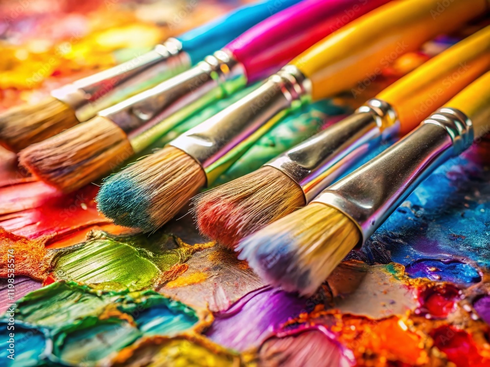 Fototapeta premium Colorful Watercolor Paintbrushes and Palette Close-up Stock Photo