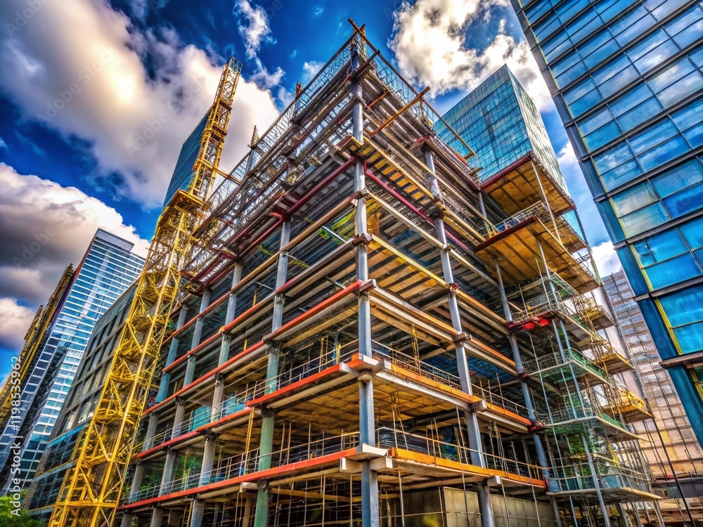 Fototapeta premium Construction Scaffolding Reaching High on Modern Building Exterior