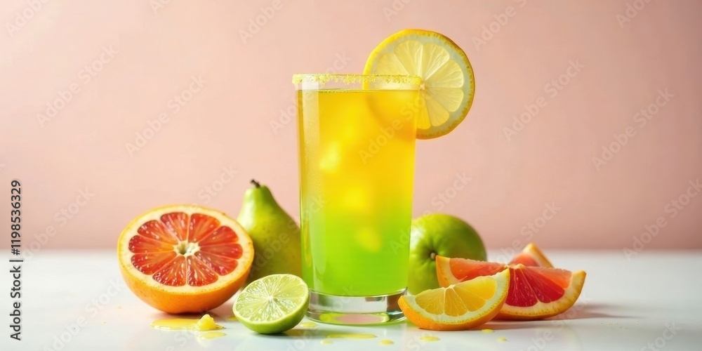 Fototapeta premium Refreshing Layered Citrus Beverage with Sliced Fruits and Sugar Rim