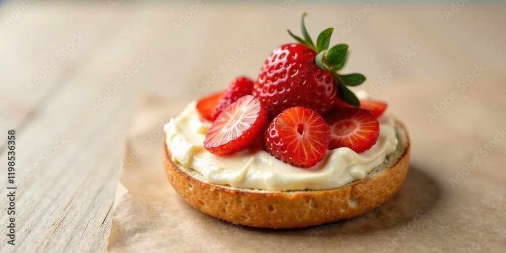 A delectable bagel topped with creamy spread and fresh strawberry slices A delectable bagel topped with creamy spread and fresh strawberry slices