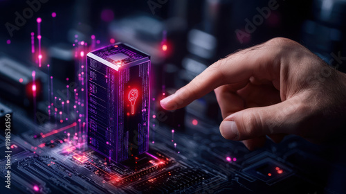 hand reaching towards glowing data server on circuit board, symbolizing secure data access and technology. vibrant colors and digital elements create futuristic atmosphere