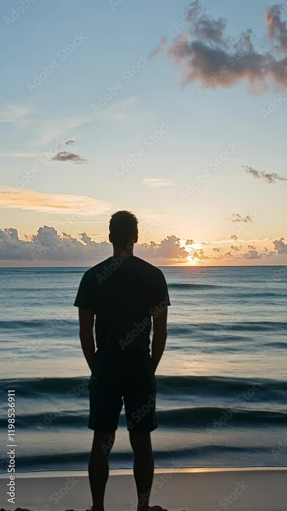 Man stands on beach watching sunset over the ocean waves at dusk with colorful clouds in the sky Man stands on beach watching sunset over the ocean waves at dusk with colorful clouds in the sky