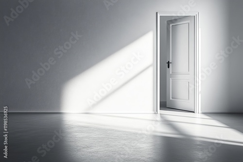 Photos Sunlight streams into an empty room, illuminating a slightly ajar white door