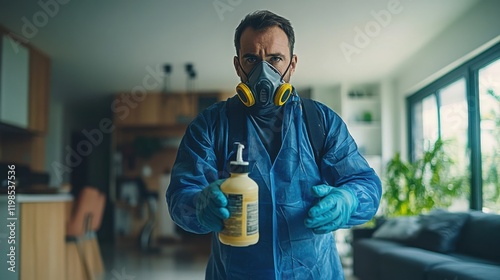 Man in Protective Gear Holding Cleaning Product in Home Interior, Showcasing Safety Practices and Hygiene Awareness for Domestic Environments