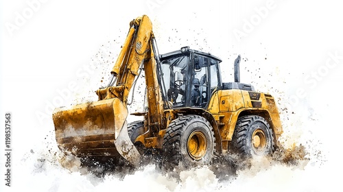 A vibrant watercolor painting of a yellow excavator, powerfully digging. The illustration showcases the machine's strength and detail.