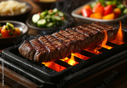 A photo of steaks and vegetables being grilled on an iron grill photo