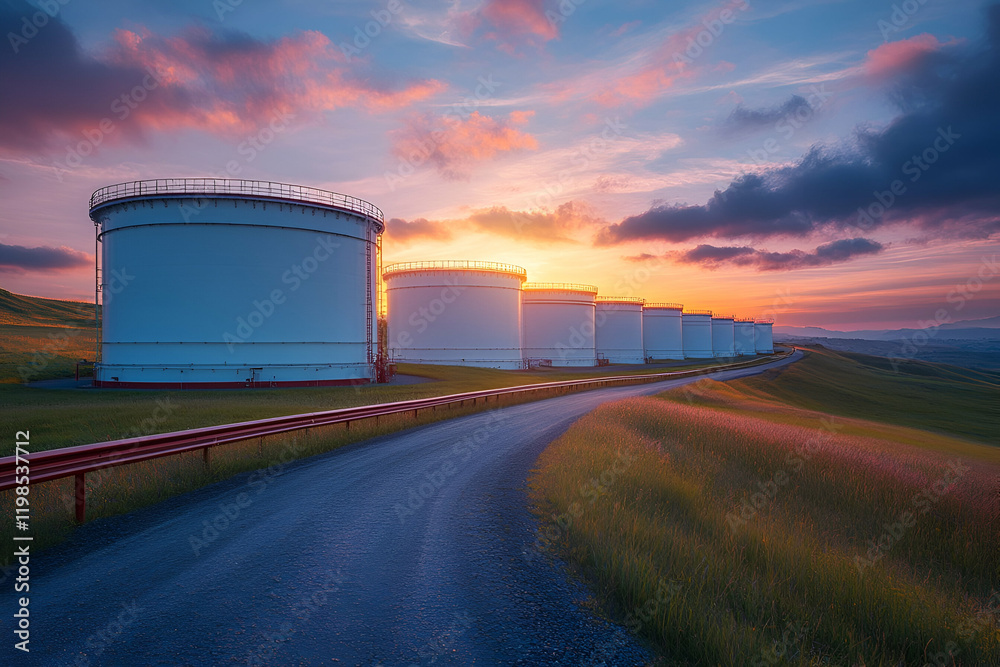 Obraz premium Sunset oil tanks, rural road, storage, landscape