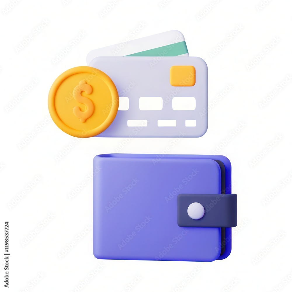 A colorful wallet with a credit card and a coin, symbolizing finance and payment methods. A colorful wallet with a credit card and a coin, symbolizing finance and payment methods.