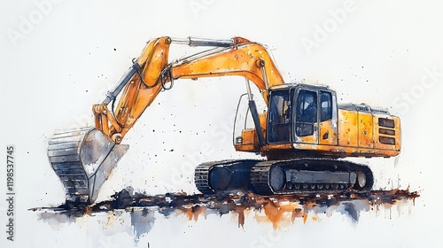Watercolor painting of an excavator, a powerful construction machine. Shows strength and industrial might.