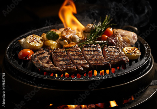 A photo of steaks and vegetables being grilled on an iron grill photo