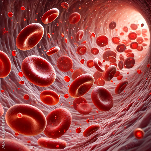 Visualization of human blood cells in a vein, rendered with dynamic detail and realism photo