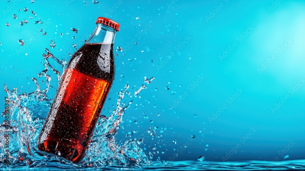 Splashing refreshment soda bottle in motion aquatic background high-quality photography vibrant colors dynamic perspective