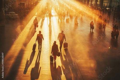 Crowded train station platform at sunrise, people with luggage walking towards light.