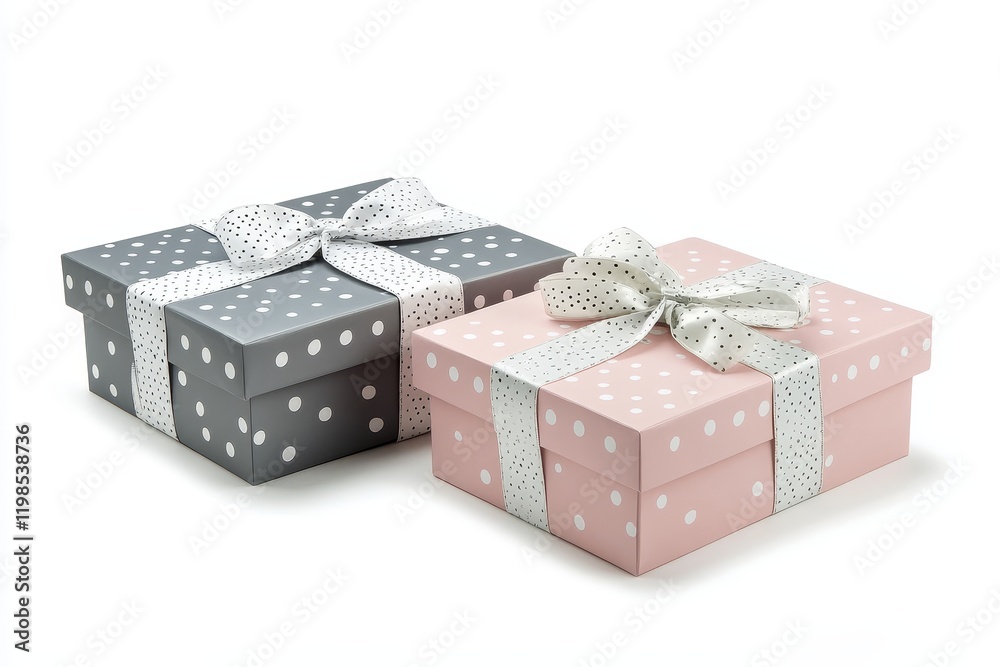 Two polka dot gift boxes with silver ribbon bows. Two polka dot gift boxes with silver ribbon bows.