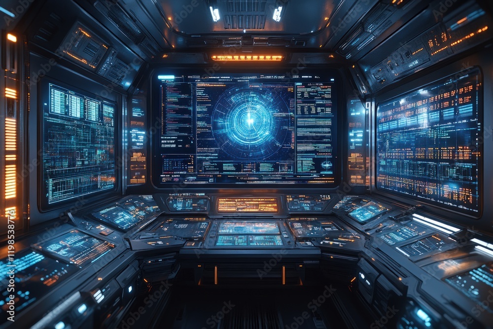 Futuristic control room, glowing screens, digital data. Futuristic control room, glowing screens, digital data.