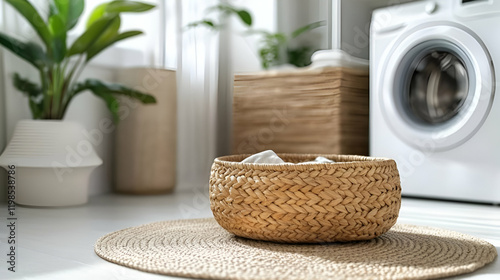 Laundry room, wicker basket, clean clothes, plants, washer