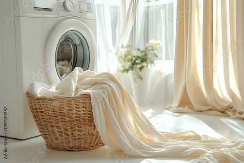 Laundry room, beige linens, washing machine, sunlight