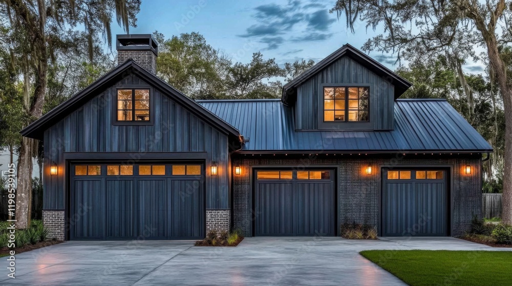 Dark Grey Metal Two-Car Garage with Sloping Roof and Corrugated Metal Shingled Roof on Concrete Driveway Dark Grey Metal Two-Car Garage with Sloping Roof and Corrugated Metal Shingled Roof on Concrete Driveway