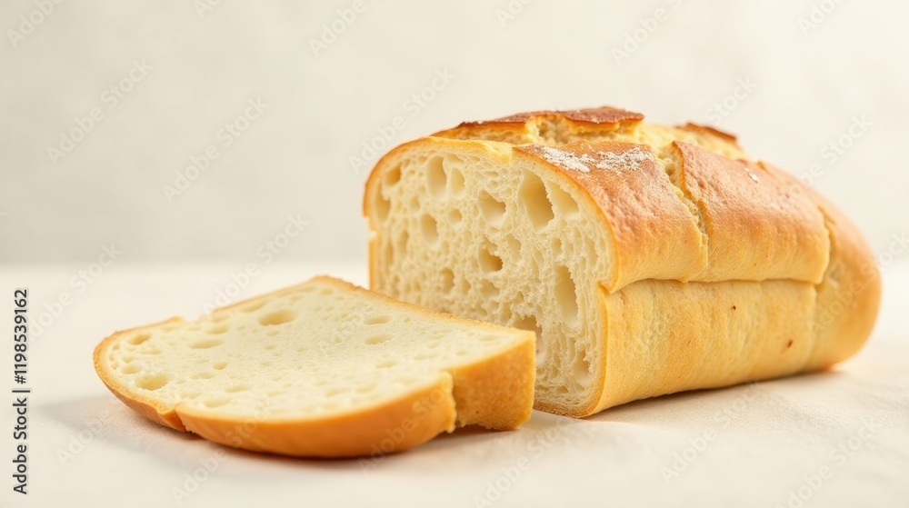 A freshly baked loaf of artisan bread, sliced to reveal its airy crumb and golden-brown crust, rests on a pristine white surface, inviting a taste of simple deliciousness. A freshly baked loaf of artisan bread, sliced to reveal its airy crumb and golden-brown crust, rests on a pristine white surface, inviting a taste of simple deliciousness.