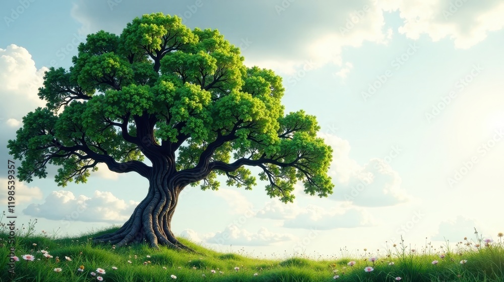 Fototapeta premium Serene Springtime Landscape Featuring a Majestic Ancient Tree with Lush Green Foliage on a Gently Rolling Meadow Abundant with Wildflowers Under a Softly Lit Sky